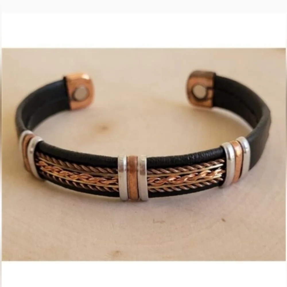 Artisan Copper Black Leather Magnetic Bracelet